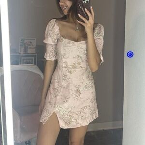 Francesca's Amaria Pink Floral Mini Puffy Sleeves Dress with Square Neckline XS